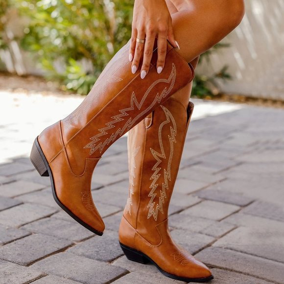 Soda Shoes - NEW🔥 Cognac Embroidered Cowboy Western Boots Knee High Low Block Heel Pull-On